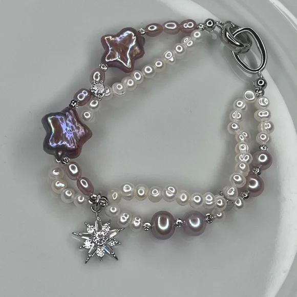 SOLD❌Handmade Freshwater Pearl Purple White Star ⭐️ Bracelet - Picture 3 of 3